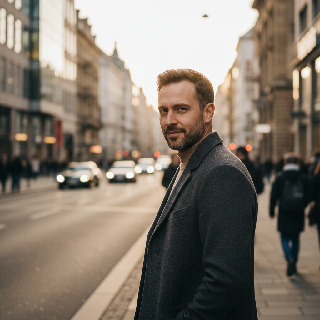 Ein Mann auf einer Straße, der sich nach hinten dreht und in die Kamera guckt.